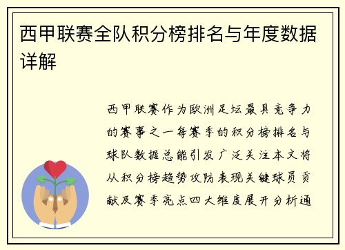 西甲联赛全队积分榜排名与年度数据详解