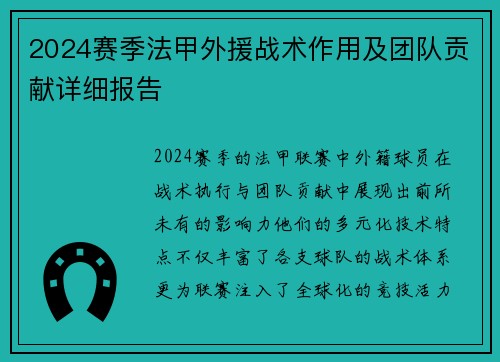 2024赛季法甲外援战术作用及团队贡献详细报告